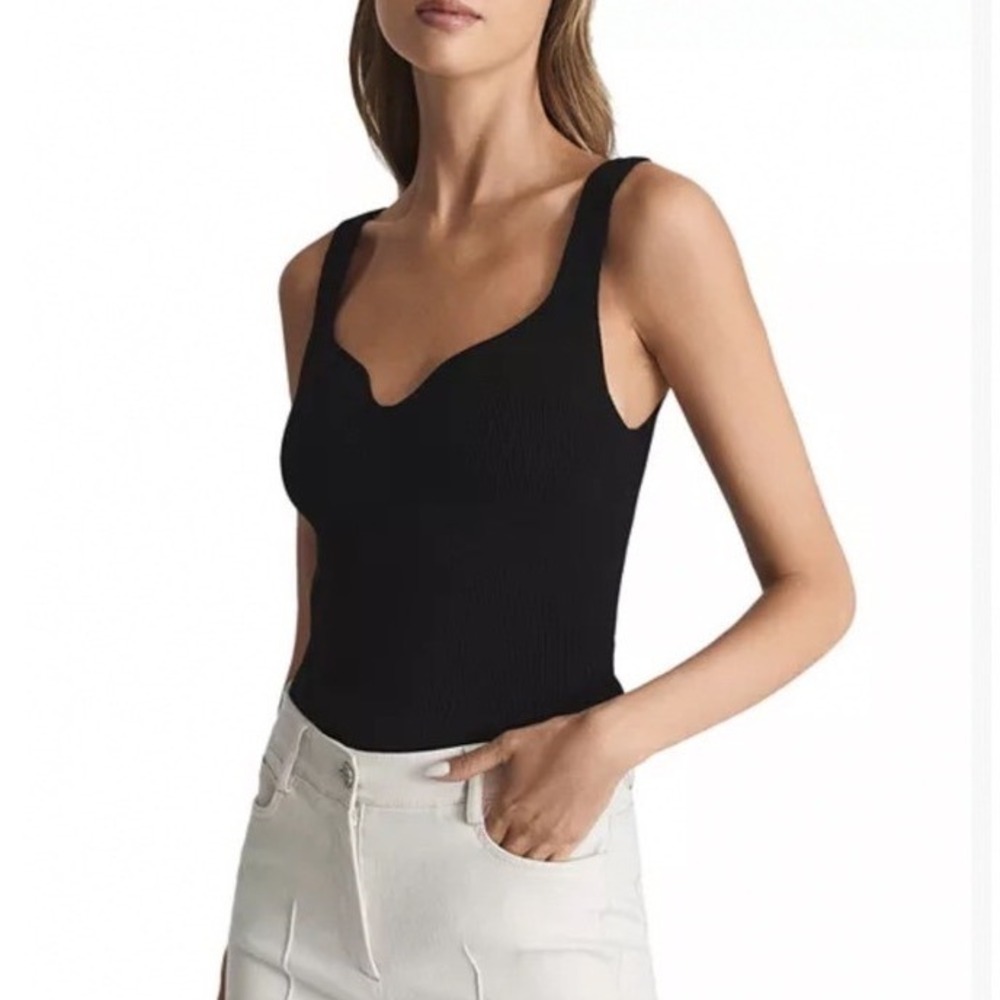 REISS Black Daisy Sweetheart Neck Ribbed Top Size Medium